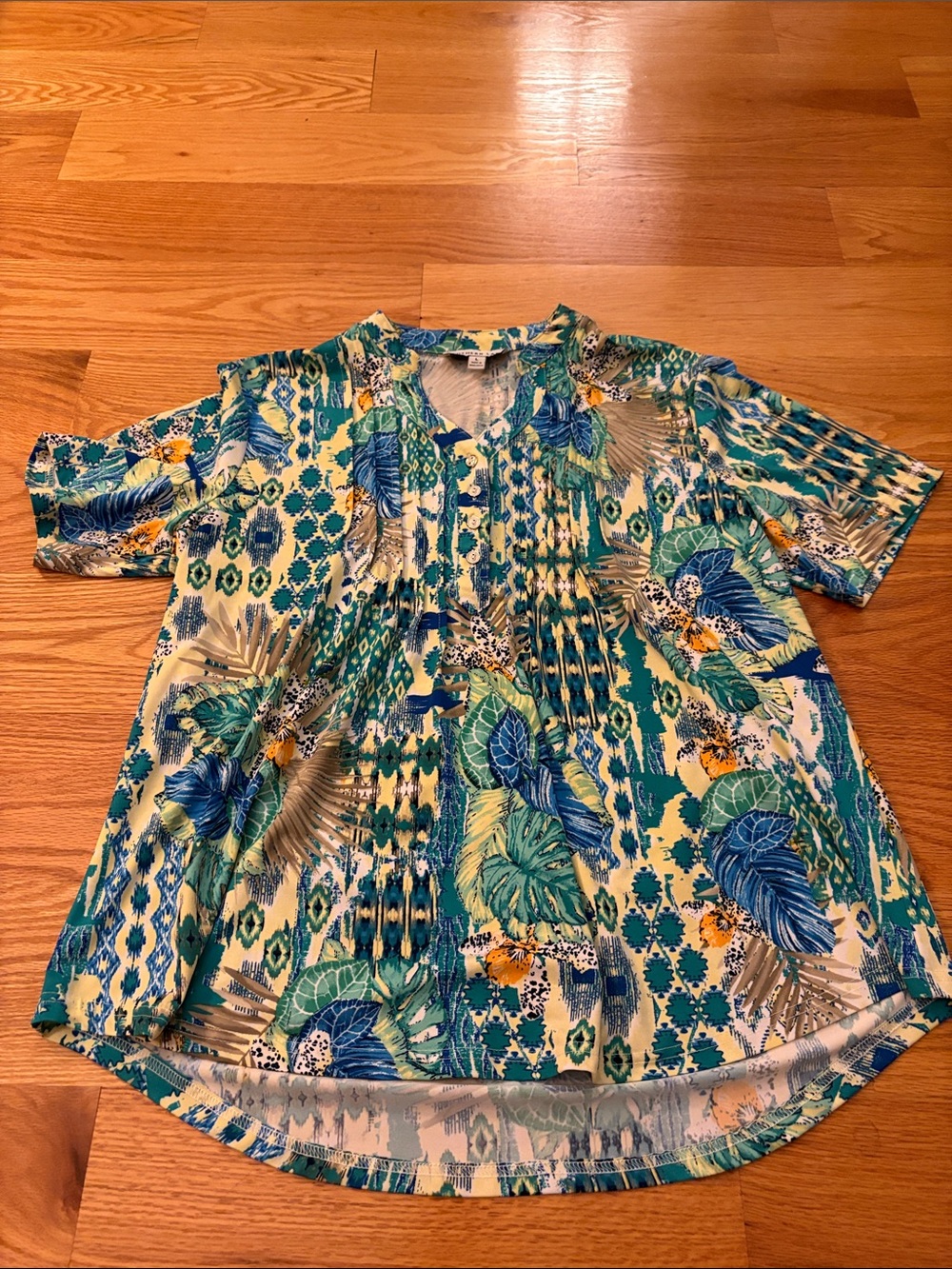 Southern Lady Tropical Leaf Print Short Sleeve Blouse in Teal, Blue, Yellow